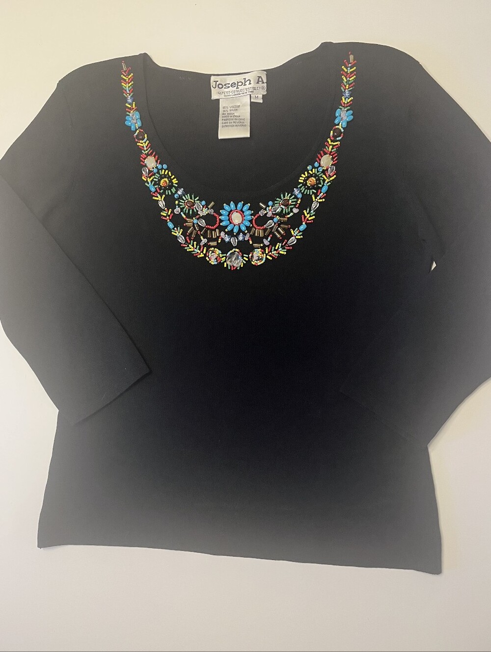Joseph A Black Sweater with Colorful Beaded Necklace Embellishment